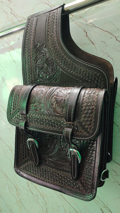 Dark Brown Tooled Leather Western Saddle Bag – Floral Basket Weave Double Buckle Horse Trail Tack