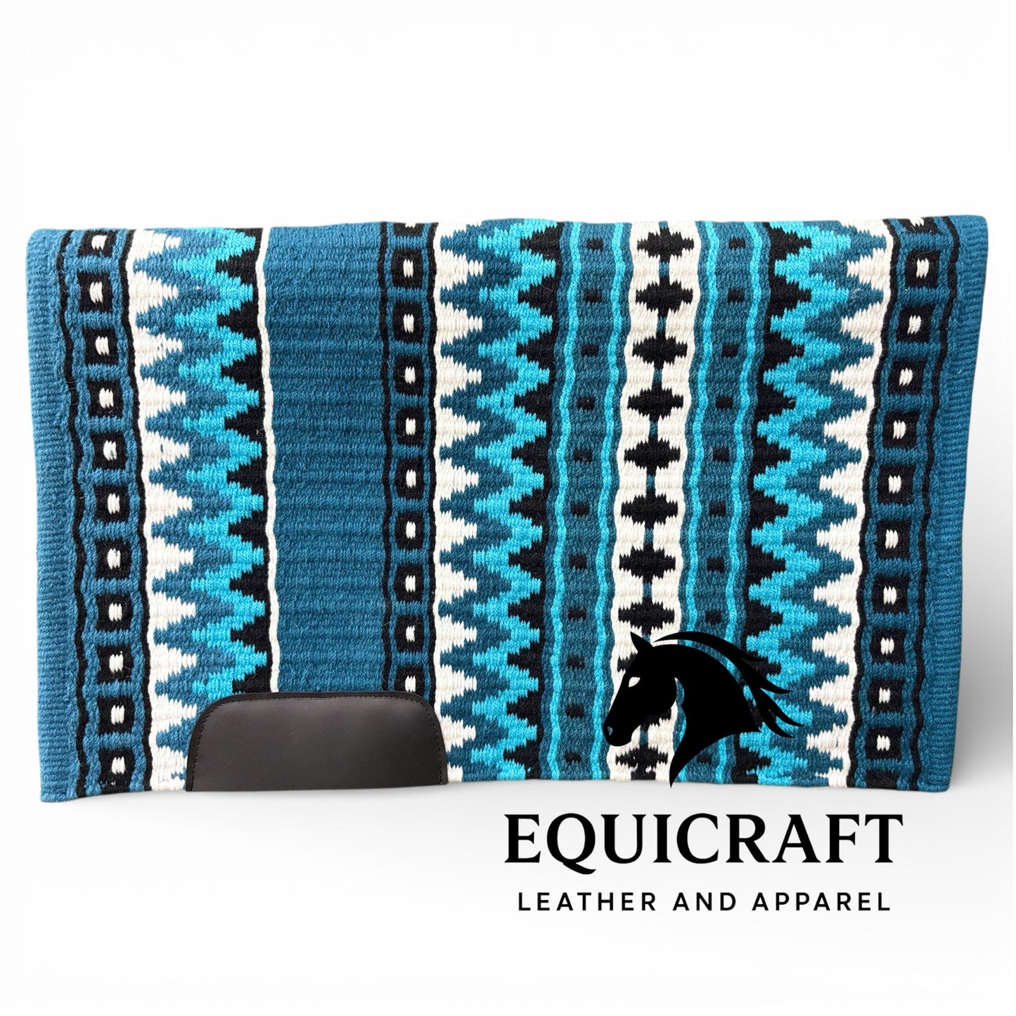 Western Show Saddle Pad | Steel Blue Turquoise Black White Wool Blanket | Hand-Woven Southwestern Horse Saddle Pad | Trail Pad 34X42