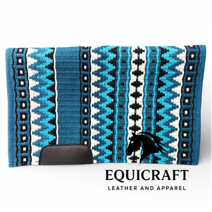Western Show Saddle Pad | Steel Blue Turquoise Black White Wool Blanket | Hand-Woven Southwestern Horse Saddle Pad | Trail Pad 34X42