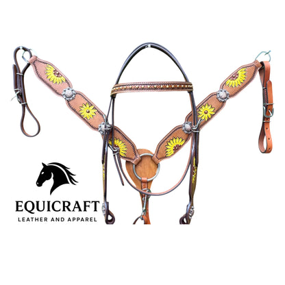 Sunflower Painted Leather Western Headstall & Breast Collar Set – Silver Concho Horse Tack | Barrel Racing Rodeo Gear