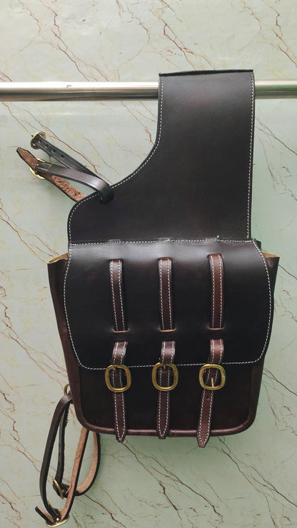 Dark Brown Leather Western Saddle Bag – Triple Buckle Horse Trail Bag | Heavy Duty Equestrian Riding Gear Cowboy