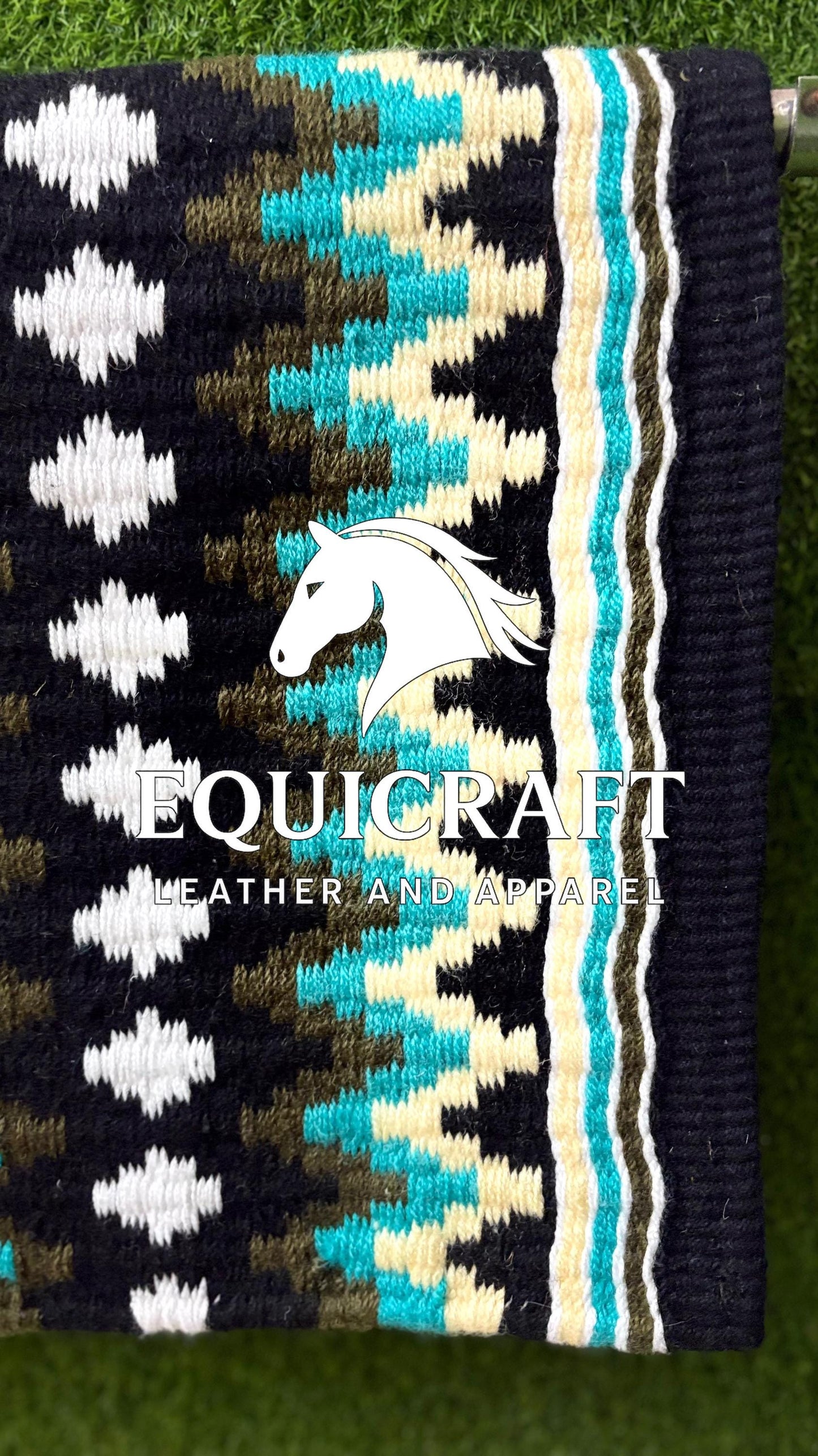Western Show Saddle Pad | Black Turquoise Olive Cream Wool Blanket | Hand-Woven Southwestern Horse Saddle Pad | Show Trail Pad