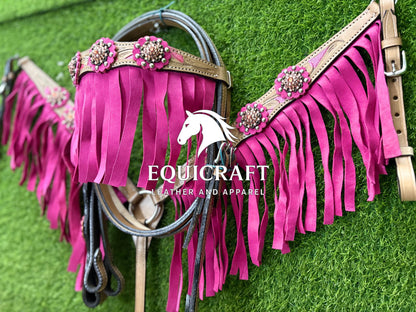 Hot Pink Fringe Crystal Concho Western Headstall & Breast Collar Set – Tooled Leather Horse Tack | Barrel Racing Rodeo