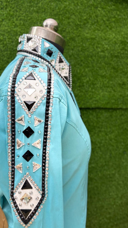 Womens Western Show Shirt | Mint Aqua Black Silver Rhinestone Mirror Showmanship Shirt | Ladies Rodeo Queen Blouse | Horse Show Shirt Gift
