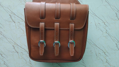 Tan Leather Western Saddle Bag – Triple Buckle Plain Horse Trail Bag | Heavy Duty Cowboy Riding Tack