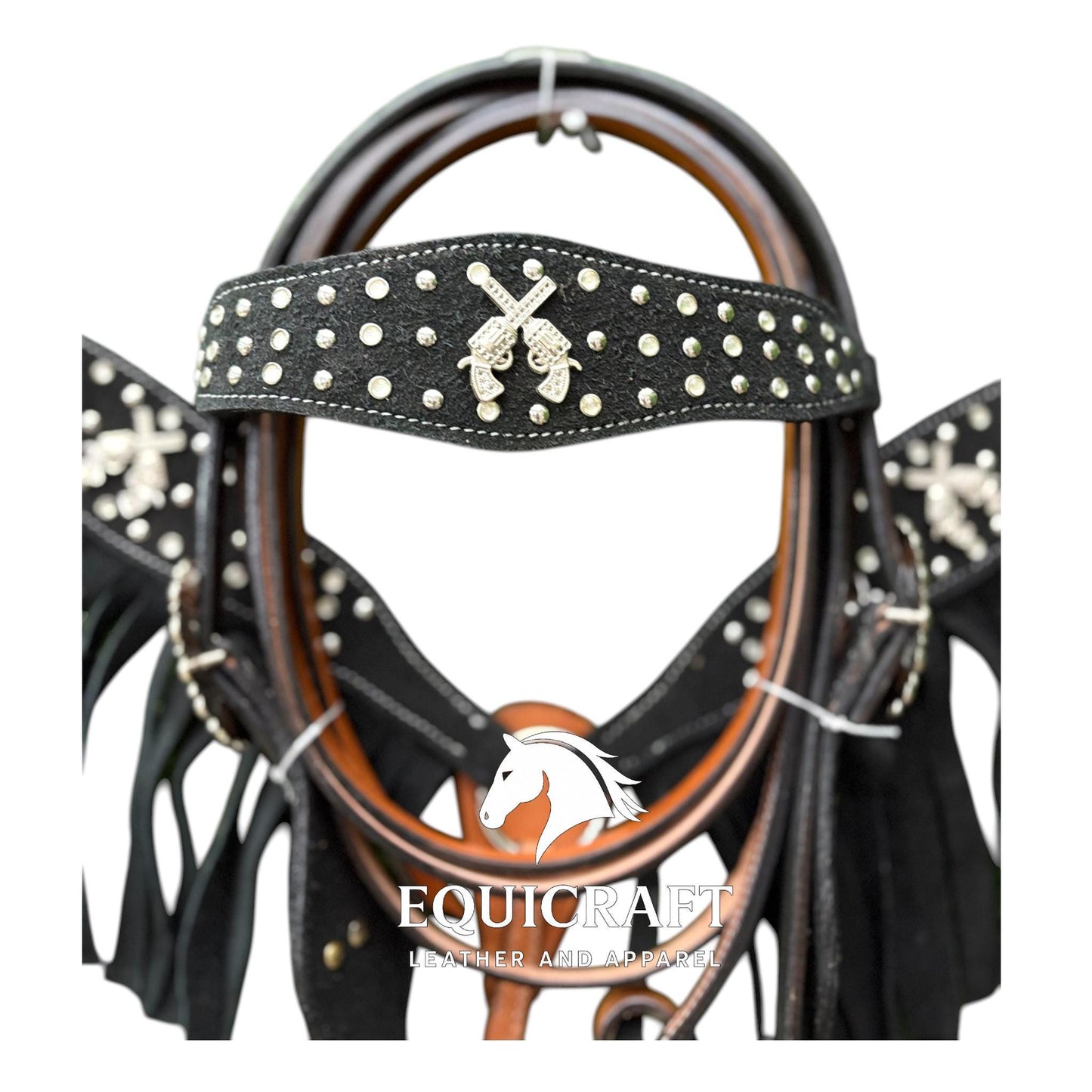 Black Fringe Studded Western Headstall & Breast Collar Set – Crossed Guns Concho Horse Tack | Barrel Racing Rodeo Gear
