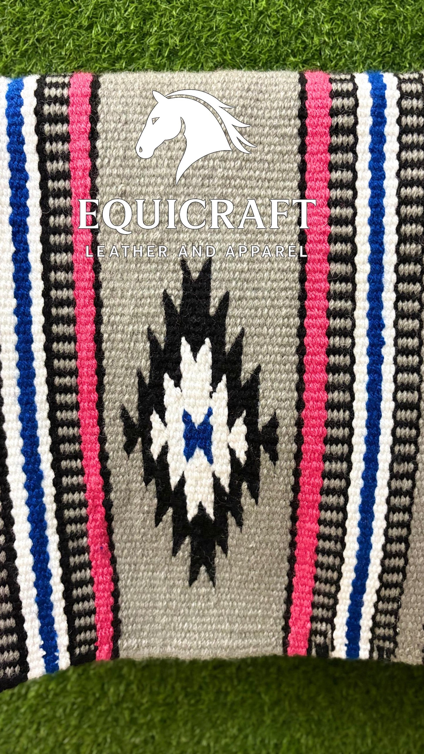 Western Saddle Blanket | Gray Pink Black Blue Wool Pad | Hand-Woven Southwestern Horse Saddle Blanket | Equestrian Gift SIZE 34X34