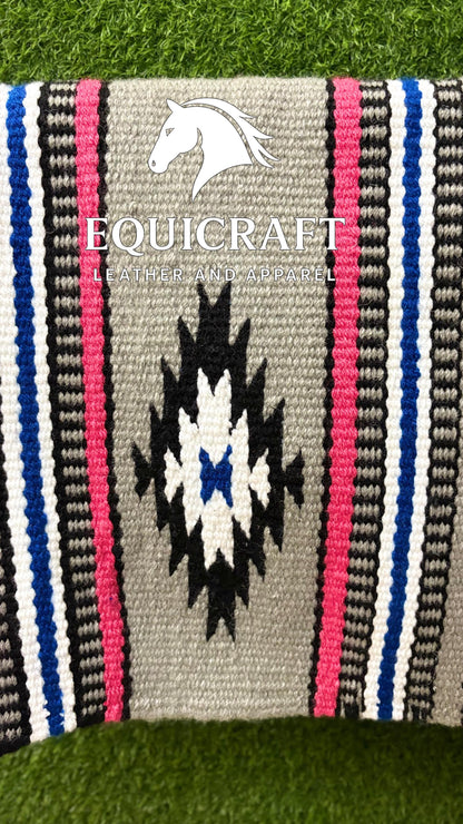 Western Saddle Blanket | Gray Pink Black Blue Wool Pad | Hand-Woven Southwestern Horse Saddle Blanket | Equestrian Gift SIZE 34X34