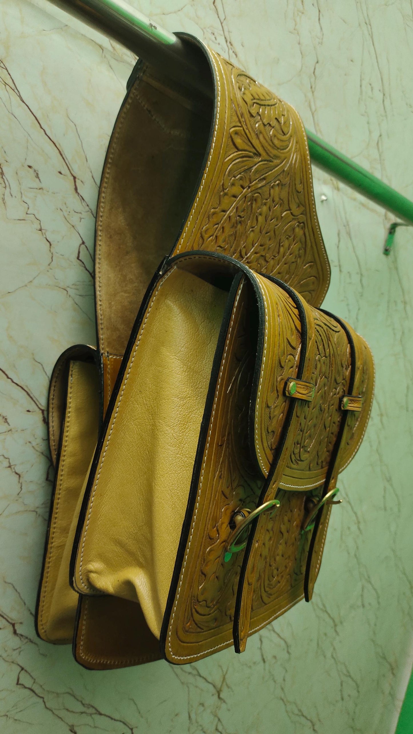 Tan Acorn Leaf Tooled Leather Western Saddle Bag – Double Buckle Brass Hardware Horse Trail Tack