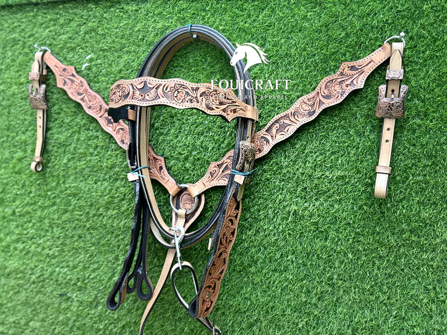 Tan Black Floral Tooled Leather Western Headstall & Breast Collar Set – Antique Concho Horse Tack | Barrel Racing Rodeo