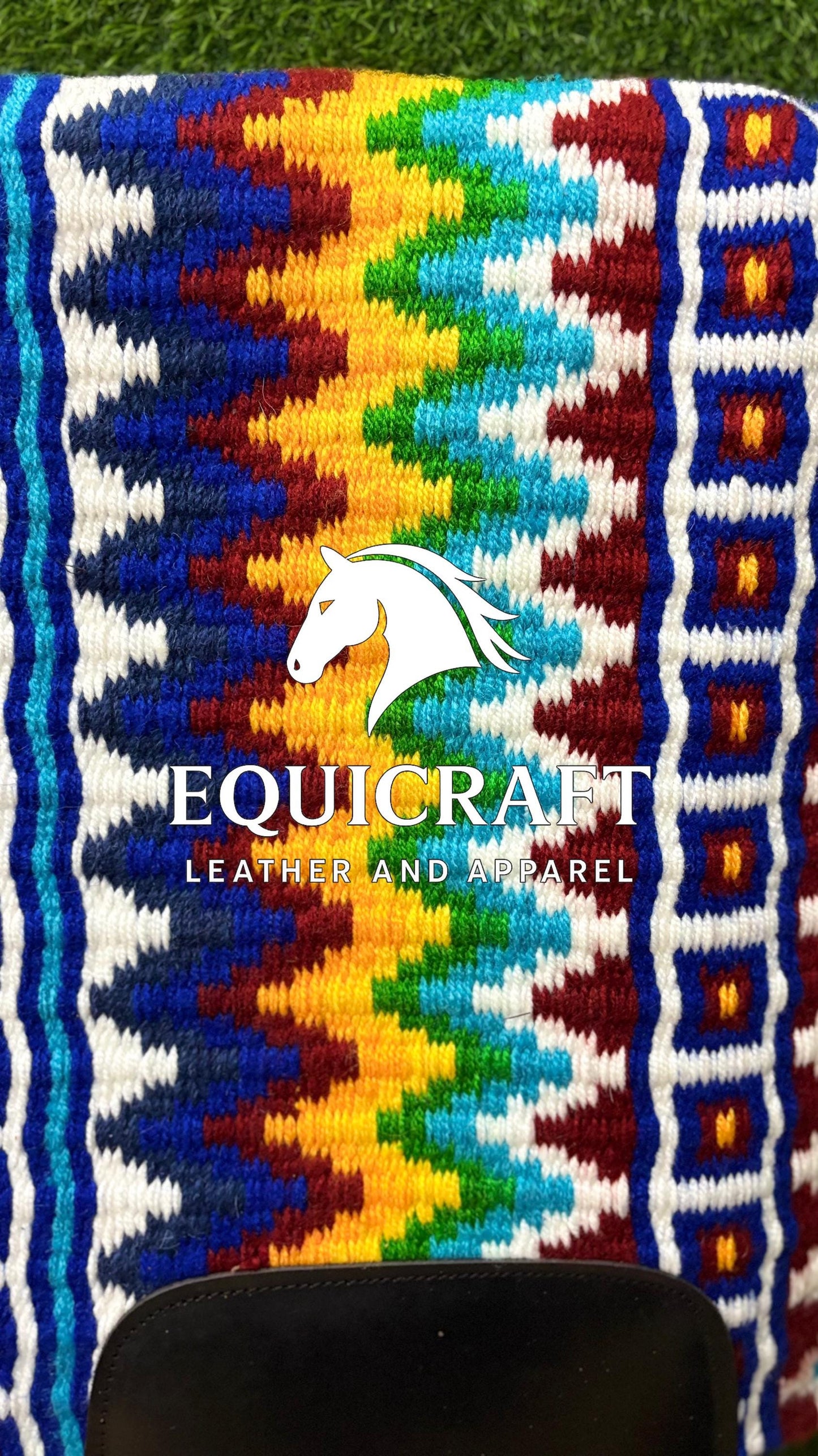 Western Show Saddle Pad | White Rainbow Multicolor Wool Blanket | Hand-Woven Southwestern Horse Saddle Pad | Colorful Show Pad