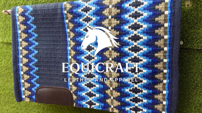 Western Show Saddle Pad | Navy Blue Tan Turquoise Wool Blanket | Hand-Woven Southwestern Horse Saddle Pad | ShowTrail Pad Equestrian Gift