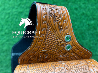 Hand Tooled Leather Western Saddle Bag – Floral Basket Weave Horse Trail Bag | Silver Concho Cowboy Riding Tack