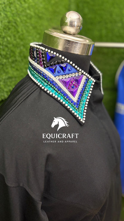 Womens Western Show Shirt | Black Turquoise Purple Blue Rhinestone Showmanship Shirt | Ladies Rodeo Queen Blouse | Horse Show Shirt