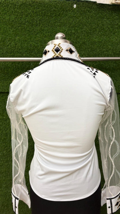 Womens Western Show Shirt | White Black Gold Stud Rhinestone Tulle Sleeve Showmanship Shirt | Ladies Rodeo Queen Blouse | Horse Show Shirt