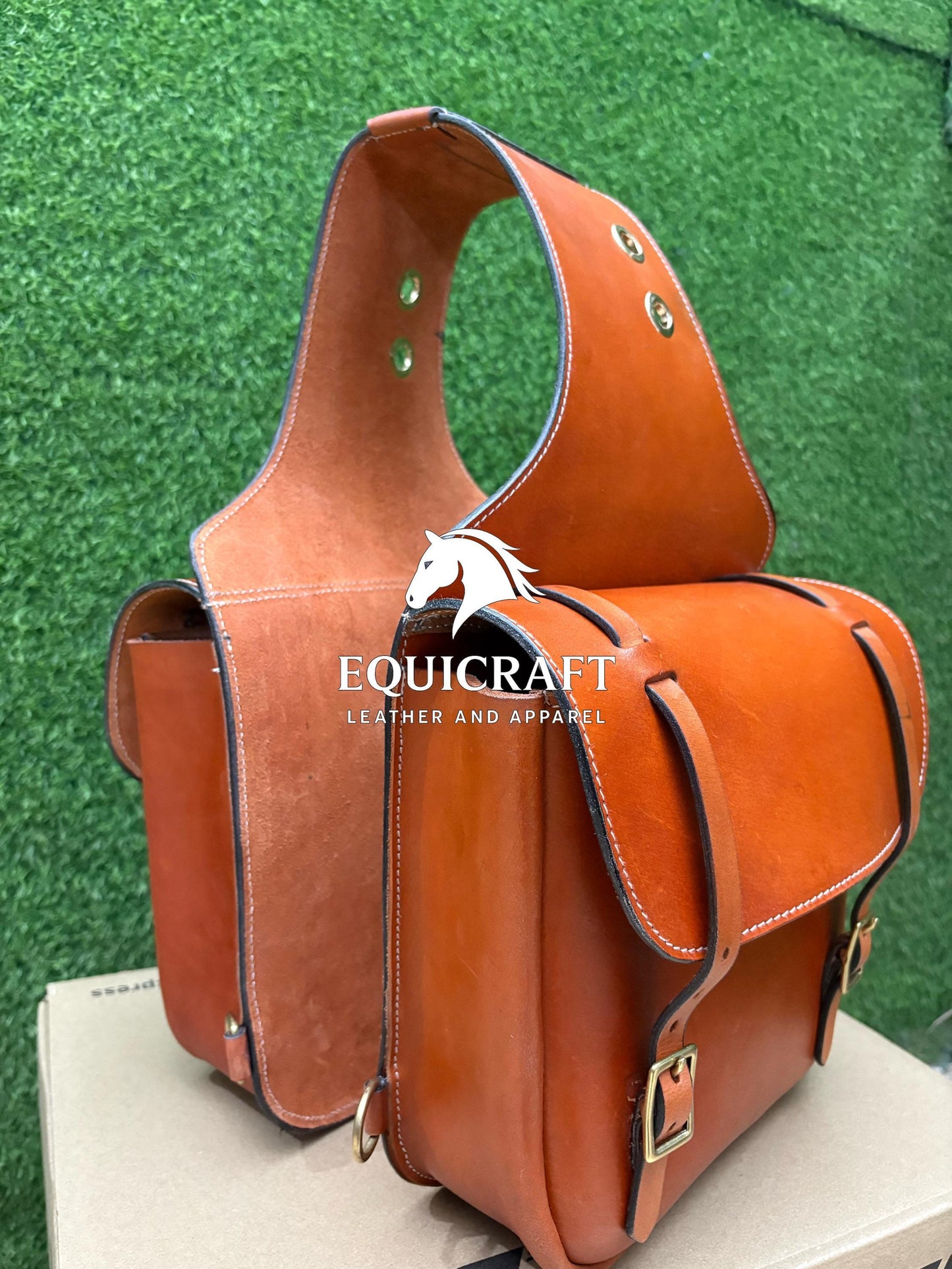 Tan Leather Western Saddle Bag – Double Buckle Plain Horse Trail Bag | Brass Hardware Grommet Cowboy Riding Tack