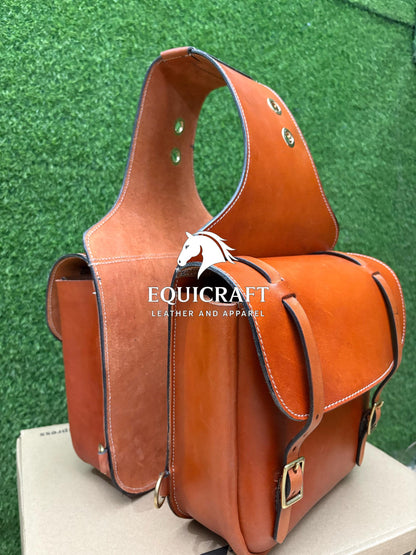 Tan Leather Western Saddle Bag – Double Buckle Plain Horse Trail Bag | Brass Hardware Grommet Cowboy Riding Tack