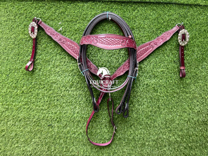 Burgundy Tooled Leather Western Headstall & Breast Collar Set – Silver Concho Horse Tack | Barrel Racing Rodeo Gear