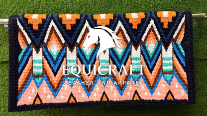 Western Saddle Blanket | Black Orange Peach Teal Wool Pad | Hand-Woven Southwestern Horse Saddle Blanket | Colorful Show Pad Equestrian Gift