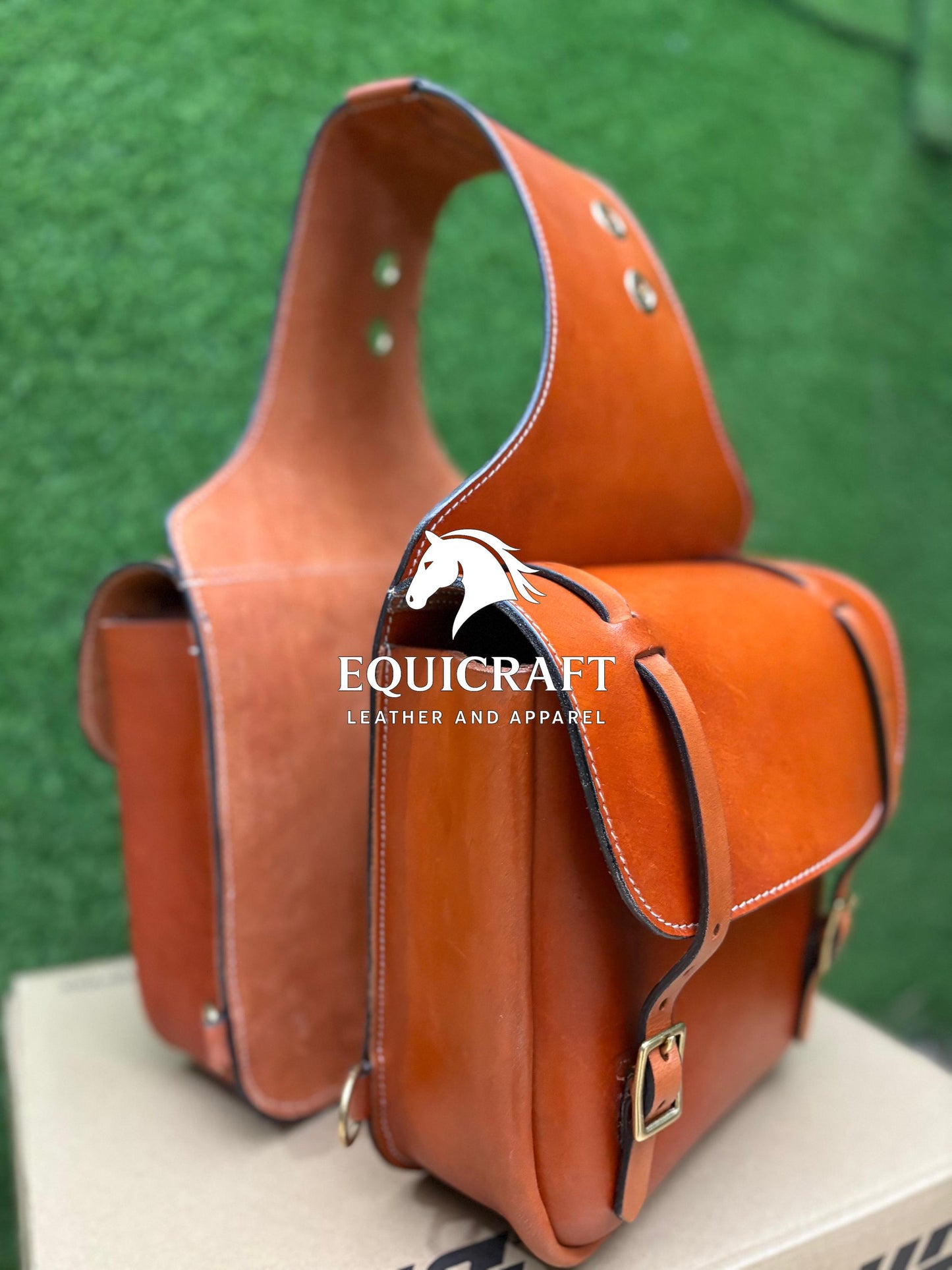 Tan Leather Western Saddle Bag – Double Buckle Plain Horse Trail Bag | Brass Hardware Grommet Cowboy Riding Tack