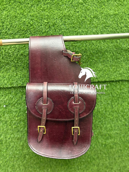 Burgundy Leather Western Saddle Bag – Double Ring Buckle Horse Trail Bag | Brass Hardware Cowboy Riding Tack