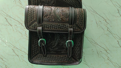 Dark Brown Tooled Leather Western Saddle Bag – Floral Basket Weave Double Buckle Horse Trail Tack