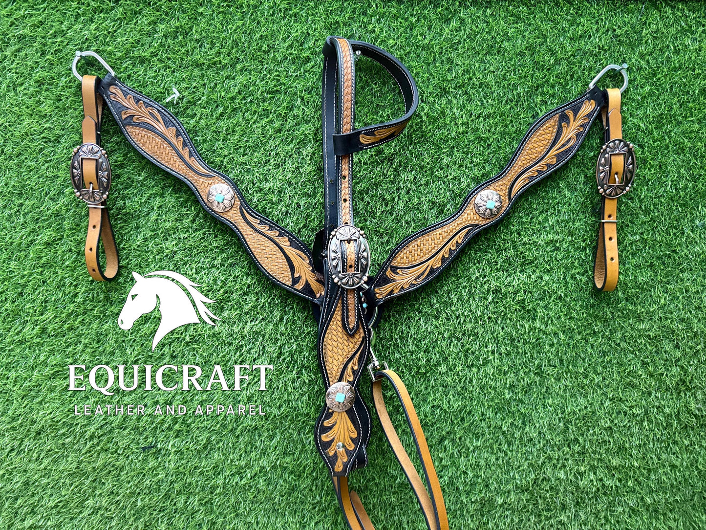 Two Tone Tooled Leather Western Breast Collar – Turquoise Concho Floral Carved Horse Tack | Barrel Racing Rodeo Gear