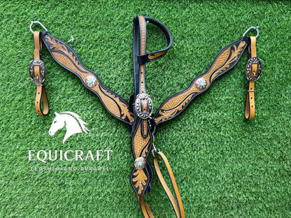 Two Tone Tooled Leather Western Breast Collar – Turquoise Concho Floral Carved Horse Tack | Barrel Racing Rodeo Gear