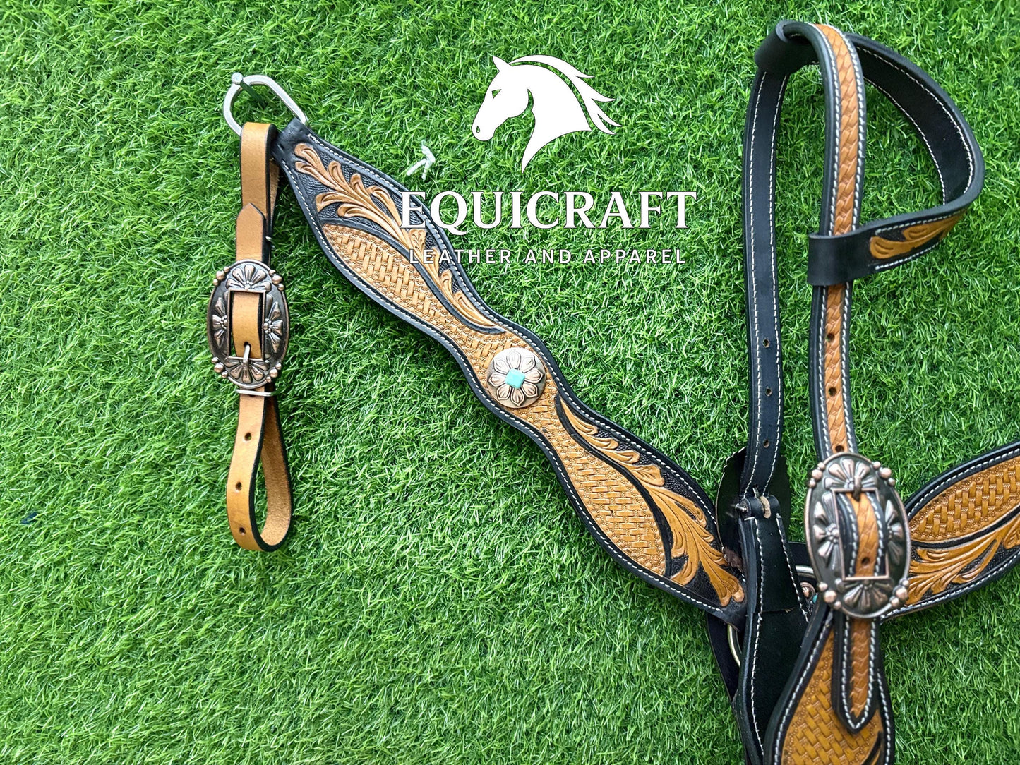 Two Tone Tooled Leather Western Breast Collar – Turquoise Concho Floral Carved Horse Tack | Barrel Racing Rodeo Gear