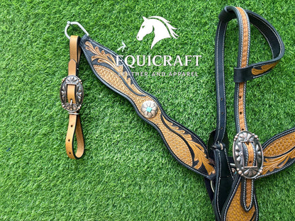 Two Tone Tooled Leather Western Breast Collar – Turquoise Concho Floral Carved Horse Tack | Barrel Racing Rodeo Gear