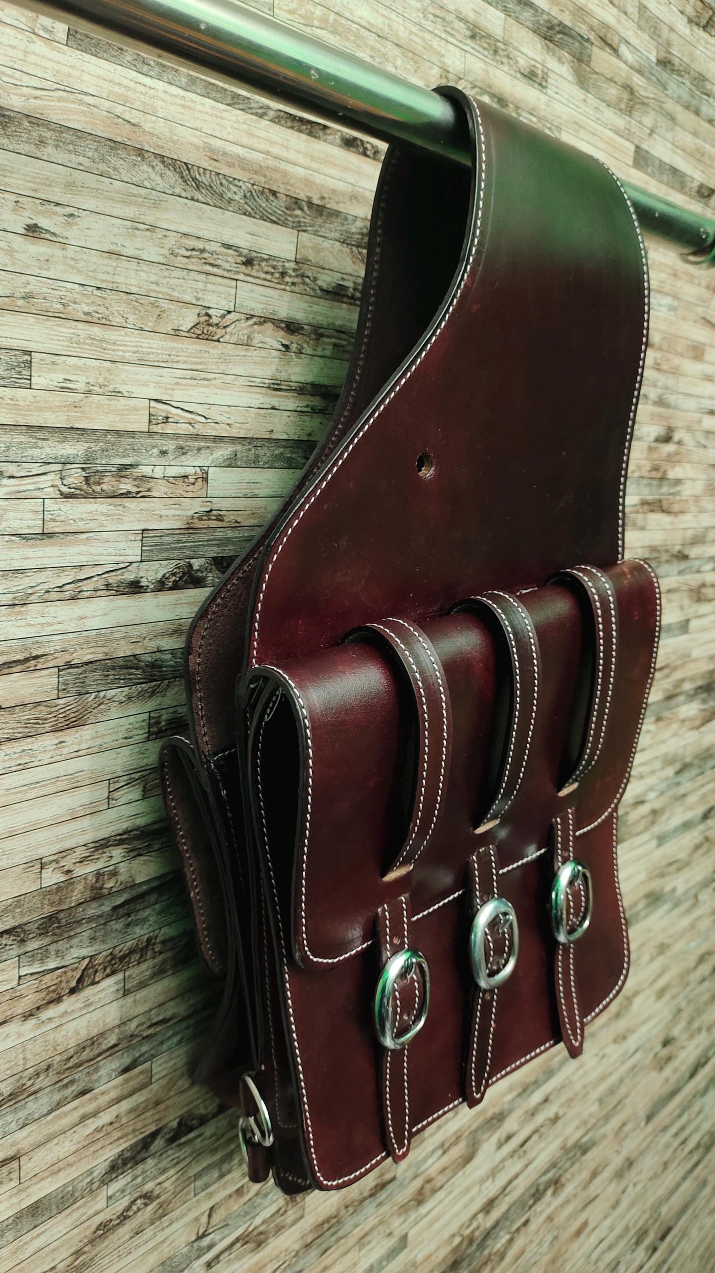 Dark Brown Oiled Leather Western Saddle Bag – Double Buckle Large Horse Trail Bag | Brass Hardware Cowboy Tack