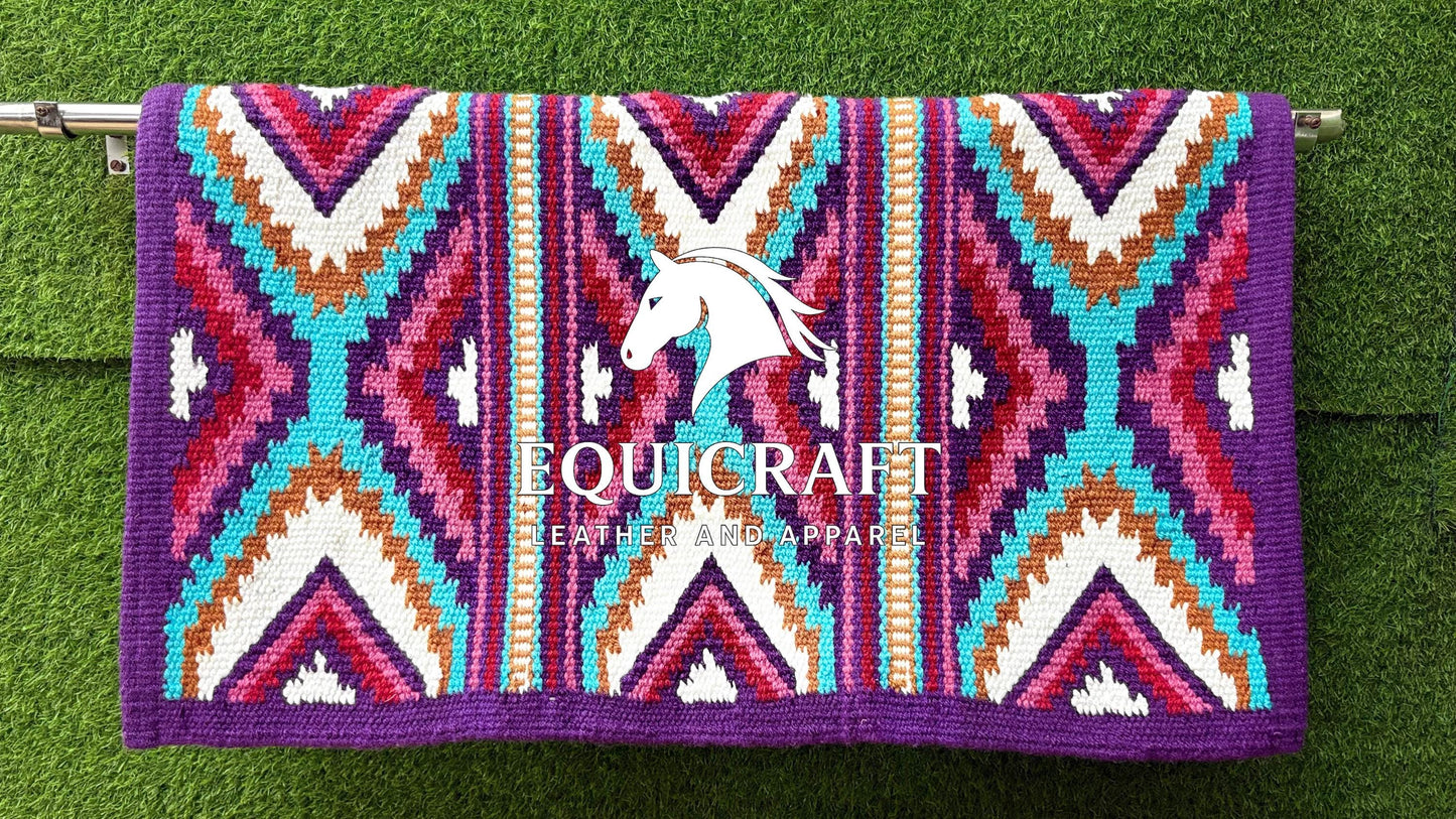 Purple Turquoise Wool Western Saddle Blanket – Aztec Diamond Show Blanket | Horse Pad Barrel Racing Rodeo Tack