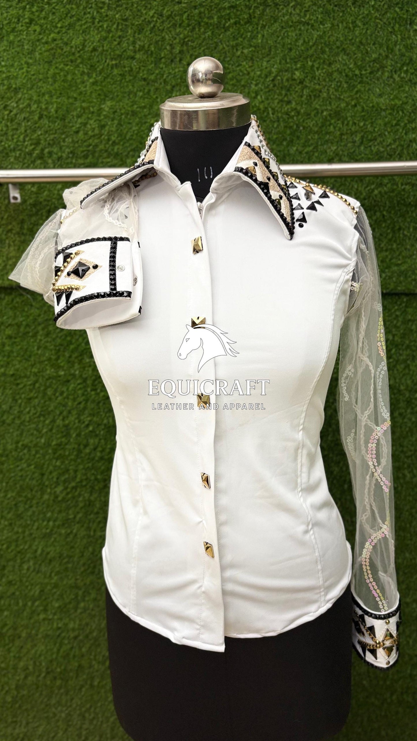 Womens Western Show Shirt | White Black Gold Stud Rhinestone Tulle Sleeve Showmanship Shirt | Ladies Rodeo Queen Blouse | Horse Show Shirt