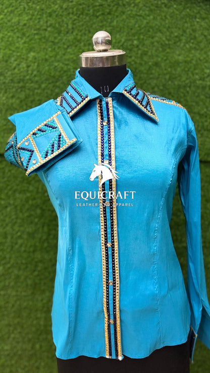 Womens Western Show Shirt | Turquoise Blue Gold Rhinestone Showmanship Shirt | Ladies Crystal Sleeve Rodeo Queen Blouse | Horse Show Shirt