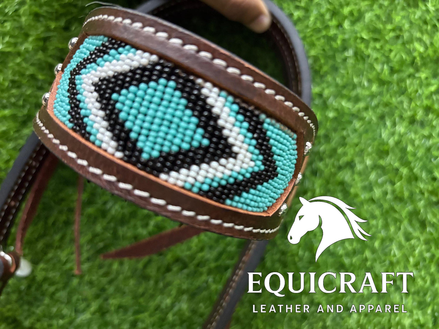 Turquoise Beaded Western Headstall & Breast Collar Set – Aztec Diamond Tooled Leather Horse Tack | Barrel Racing Rodeo