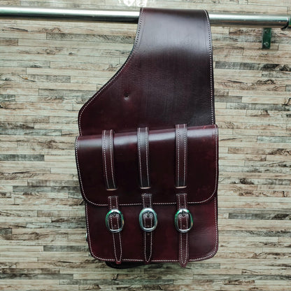 Dark Brown Oiled Leather Western Saddle Bag – Double Buckle Large Horse Trail Bag | Brass Hardware Cowboy Tack