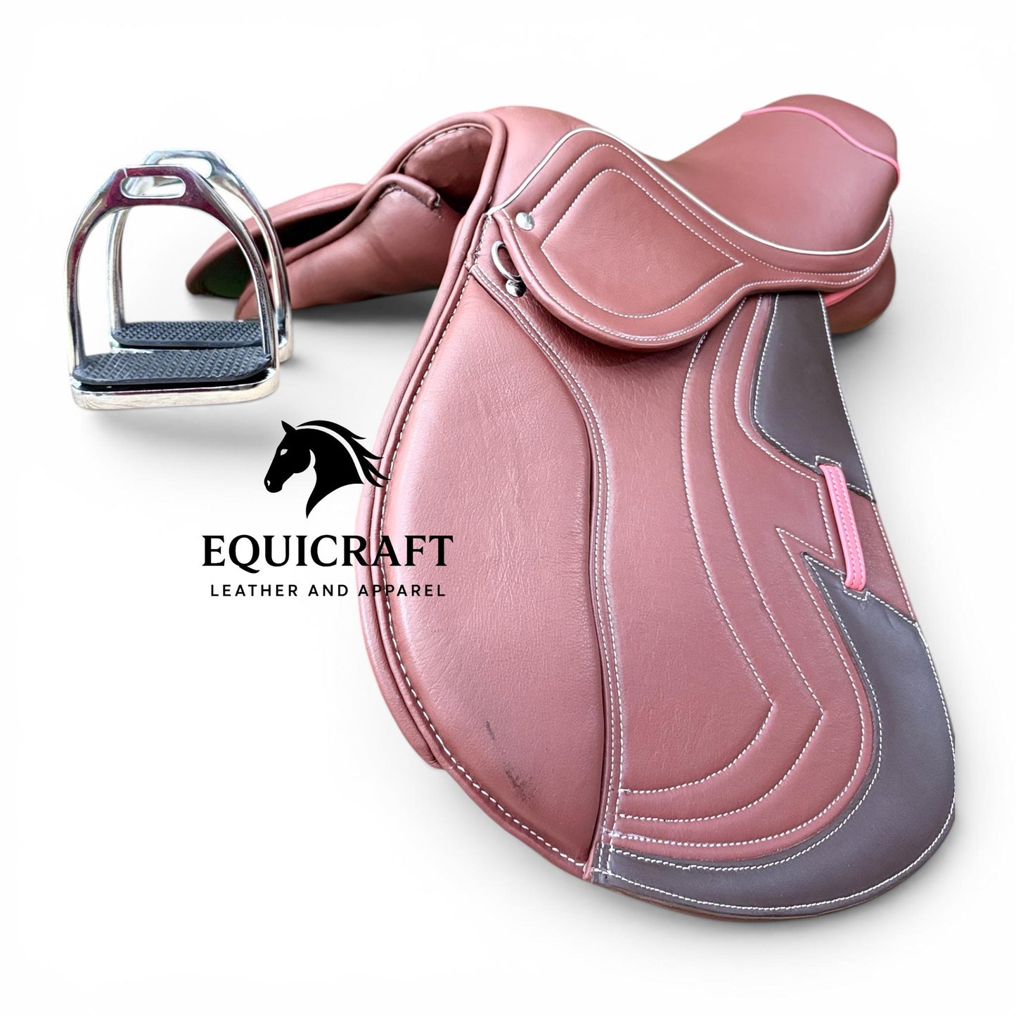 Brown Leather Close Contact Horse Saddle, English All Purpose Jumping Saddle with Iron Stirrups, 14 to 18 Inch Seat Sizes Available