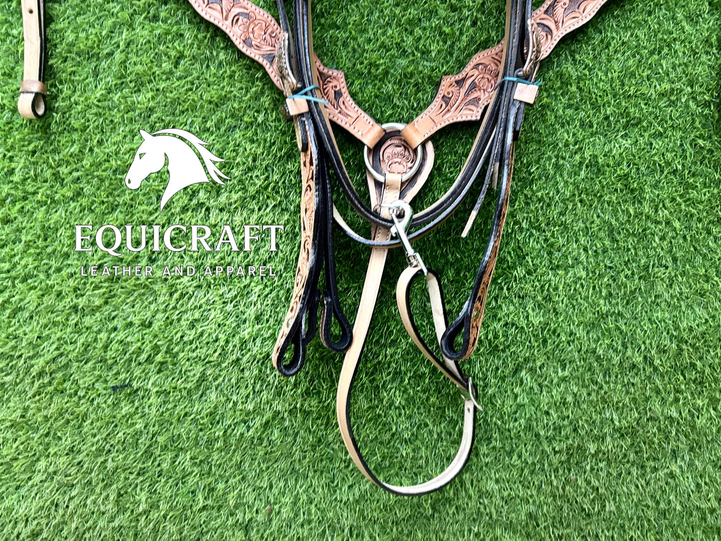 Tan Black Floral Tooled Leather Western Headstall & Breast Collar Set – Antique Concho Horse Tack | Barrel Racing Rodeo