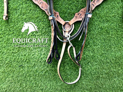 Tan Black Floral Tooled Leather Western Headstall & Breast Collar Set – Antique Concho Horse Tack | Barrel Racing Rodeo