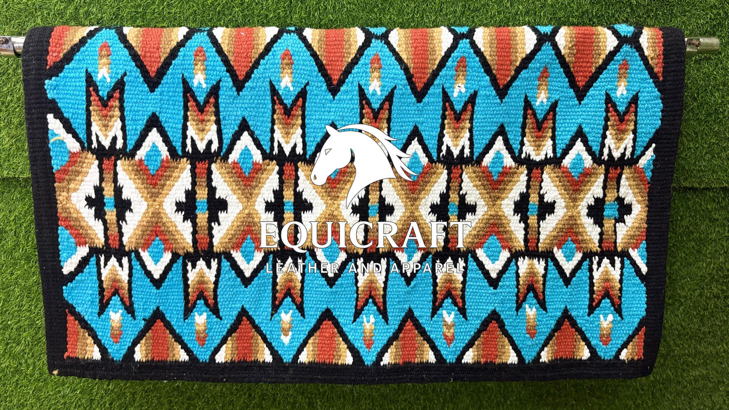 Turquoise Red Gold Wool Western Saddle Blanket – Aztec Chevron Show Blanket | Horse Pad Barrel Racing Rodeo Tack