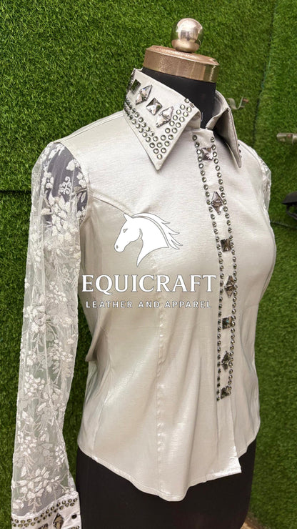 Womens Western Show Shirt | White Rhinestone Crystal Lace Sleeve Showmanship Shirt | Ladies Rodeo Show Blouse | Horse Show Shirt