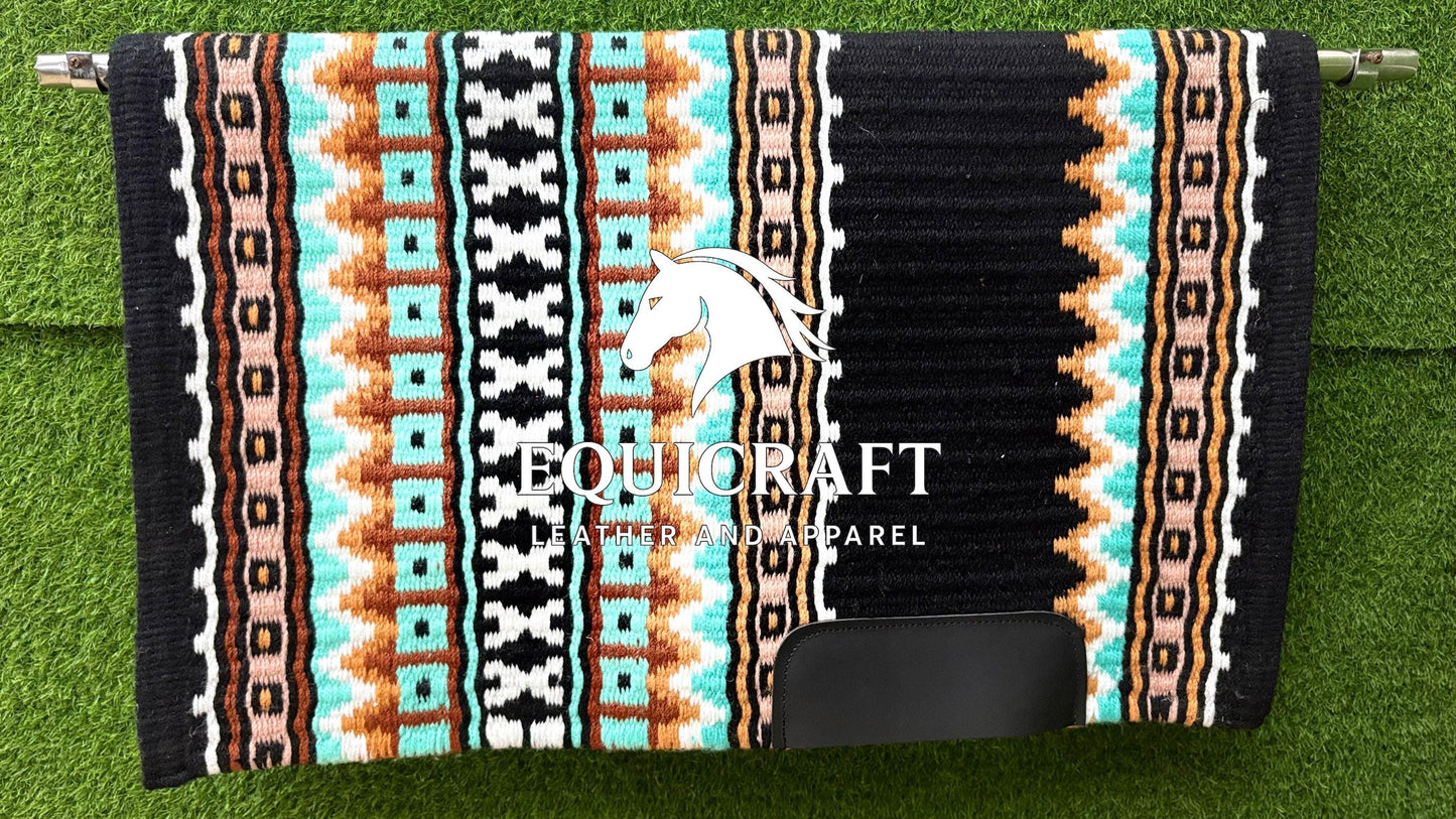 Western Saddle Pad | Black Turquoise Brown Saddle Blanket | Aztec Wool Horse Pad | Southwest Show Pad | Horse Tack Gift