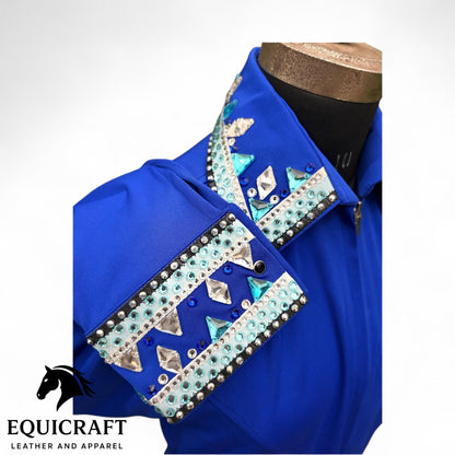 Womens Western Show Shirt | Royal Blue Rhinestone Turquoise Crystal Collar | Ladies Zip Showmanship Shirt | Horse Show Blouse