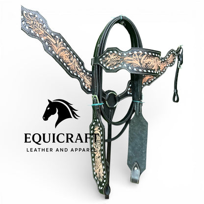 Black Tan Cutout Tooled Leather Western Headstall & Breast Collar Set – Filigree Horse Tack | Barrel Racing Rodeo Gear