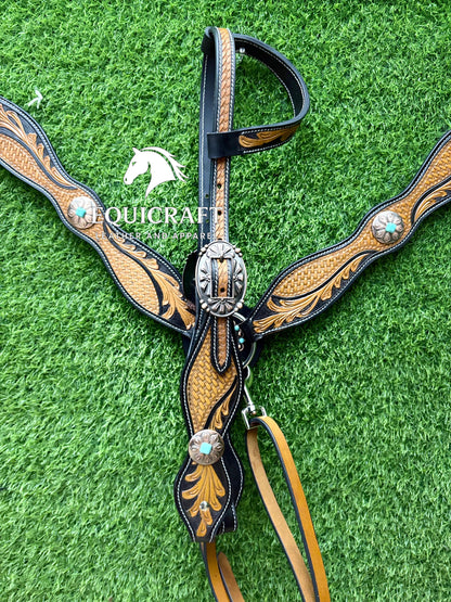 Two Tone Tooled Leather Western Breast Collar – Turquoise Concho Floral Carved Horse Tack | Barrel Racing Rodeo Gear