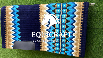 Aztec Western Show Saddle Pad | Navy Blue Turquoise Tan Wool Blanket | Hand-Woven Southwestern Horse Saddle Pad | Trail Pad Equestrian Gift