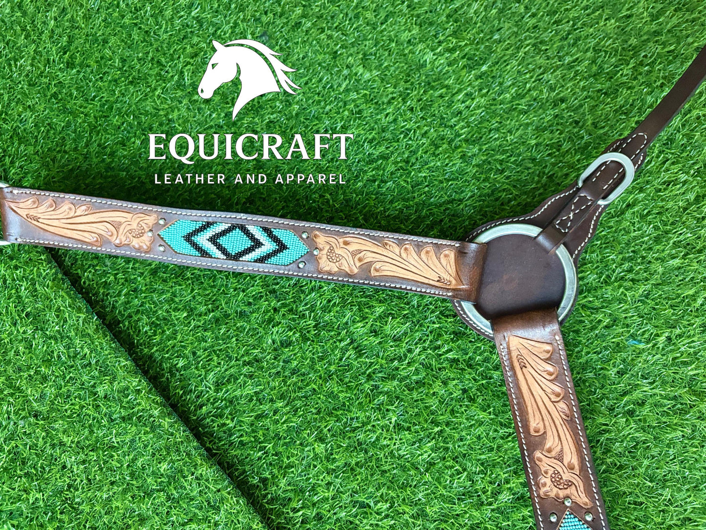 Turquoise Beaded Western Headstall & Breast Collar Set – Aztec Diamond Tooled Leather Horse Tack | Barrel Racing Rodeo