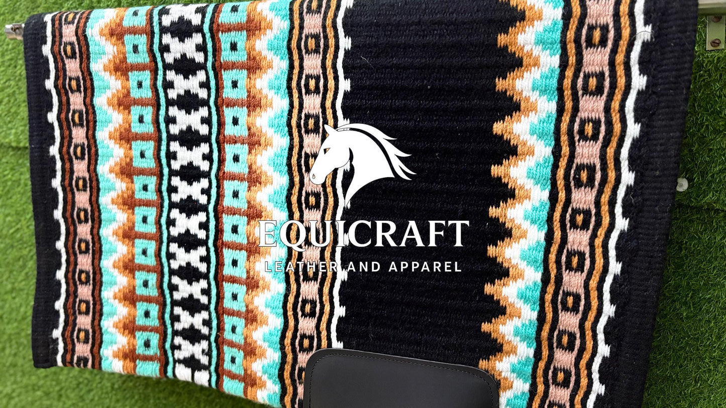 Western Saddle Pad | Black Turquoise Brown Saddle Blanket | Aztec Wool Horse Pad | Southwest Show Pad | Horse Tack Gift