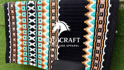 Western Saddle Pad | Black Turquoise Brown Saddle Blanket | Aztec Wool Horse Pad | Southwest Show Pad | Horse Tack Gift