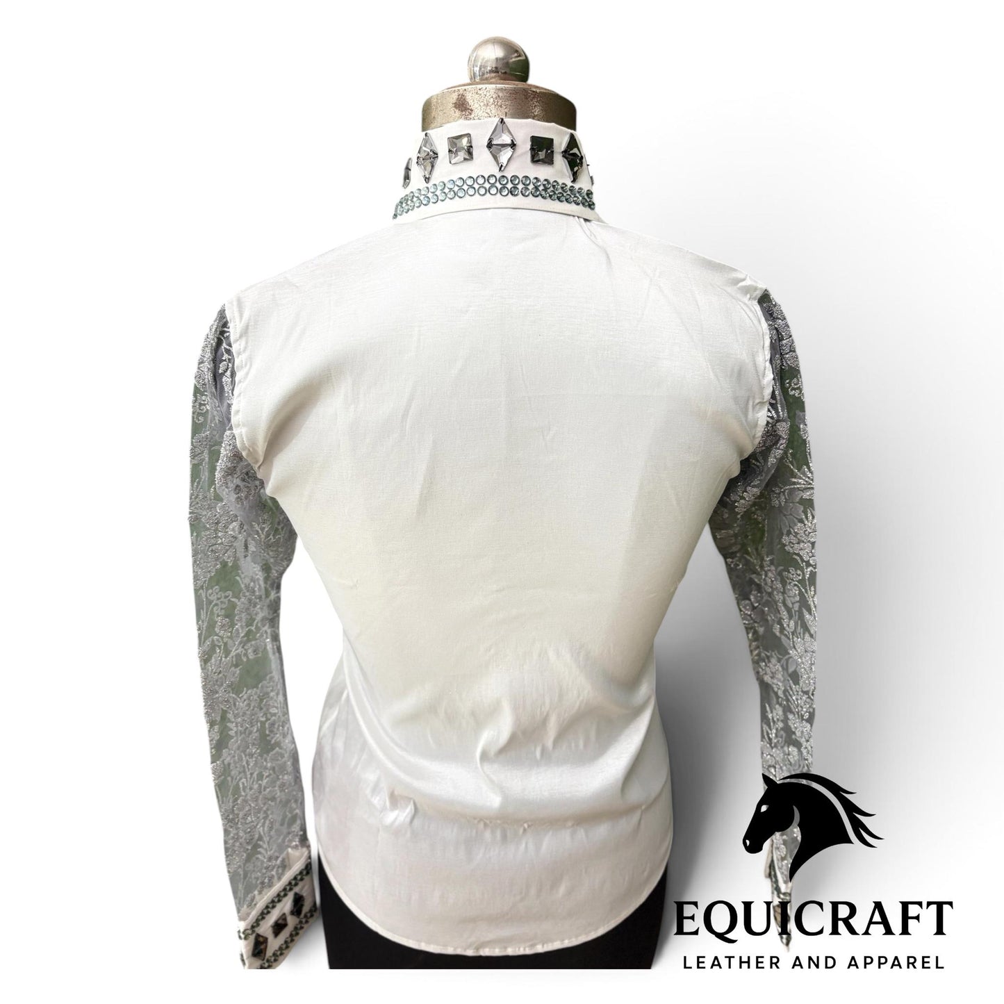 White Ivory Show Shirt, Lace Sleeve Rhinestone Bling, Smoke Crystal Horse Show Top, Western Showmanship Shirt